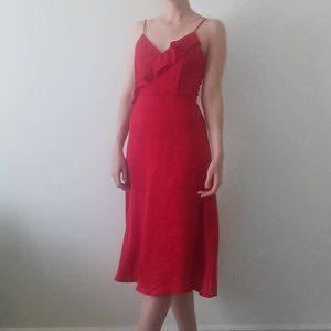 Anthropologie Le Lis Ruffle Satin Midi Cocktail Dress Red V-Neckline